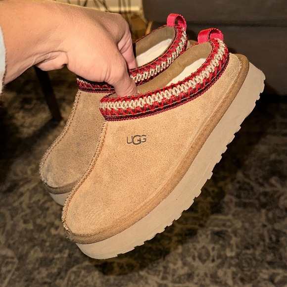 UGG Kids’ Tazz Beige Suede Slippers with Red Accents